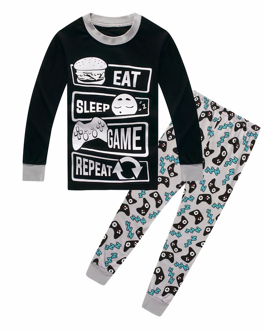 Pyjamas for video game enthusiasts in black and gray with a white background