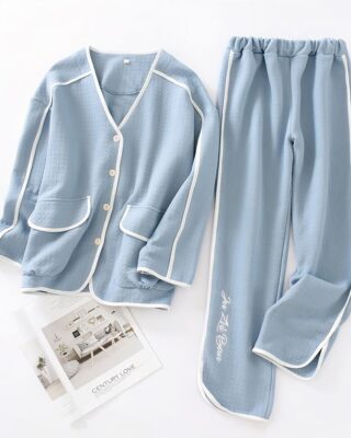 Blue sleepwear with white details and white background