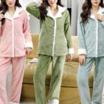 Pyjamas soft fleece shirt with three different colors is three women who wears the pajamas