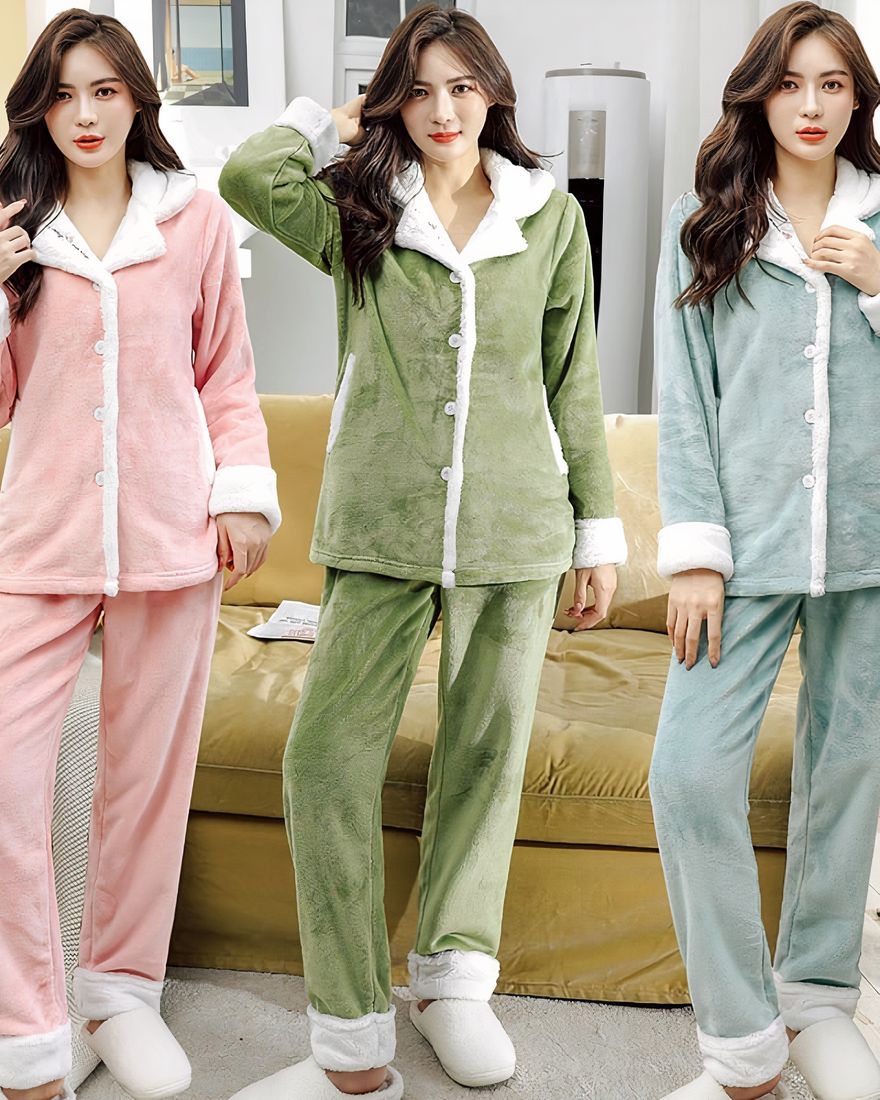 Pyjamas soft fleece shirt with three different colors is three women who wears the pajamas