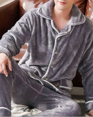 Retro winter pajamas for men thick gray with a man wearing the pajamas