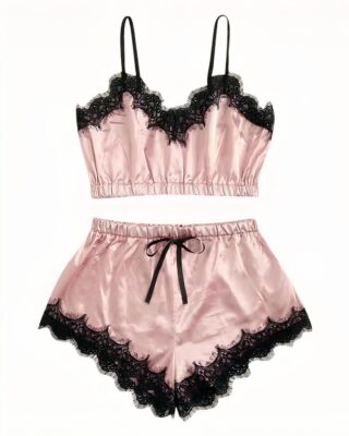 Sexy pink nightwear set with black lace details with white background