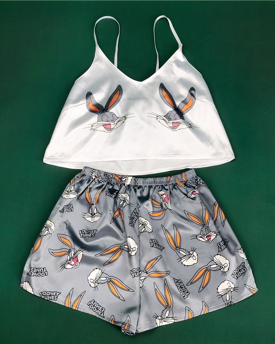 Sexy women's pajamas with straps top and shorts with Buck Bunny pattern in fashion