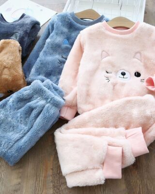 Pajamas with a soft cat pattern, in two colors, blue and pink, and in two pieces, a pair of pants and a warm top