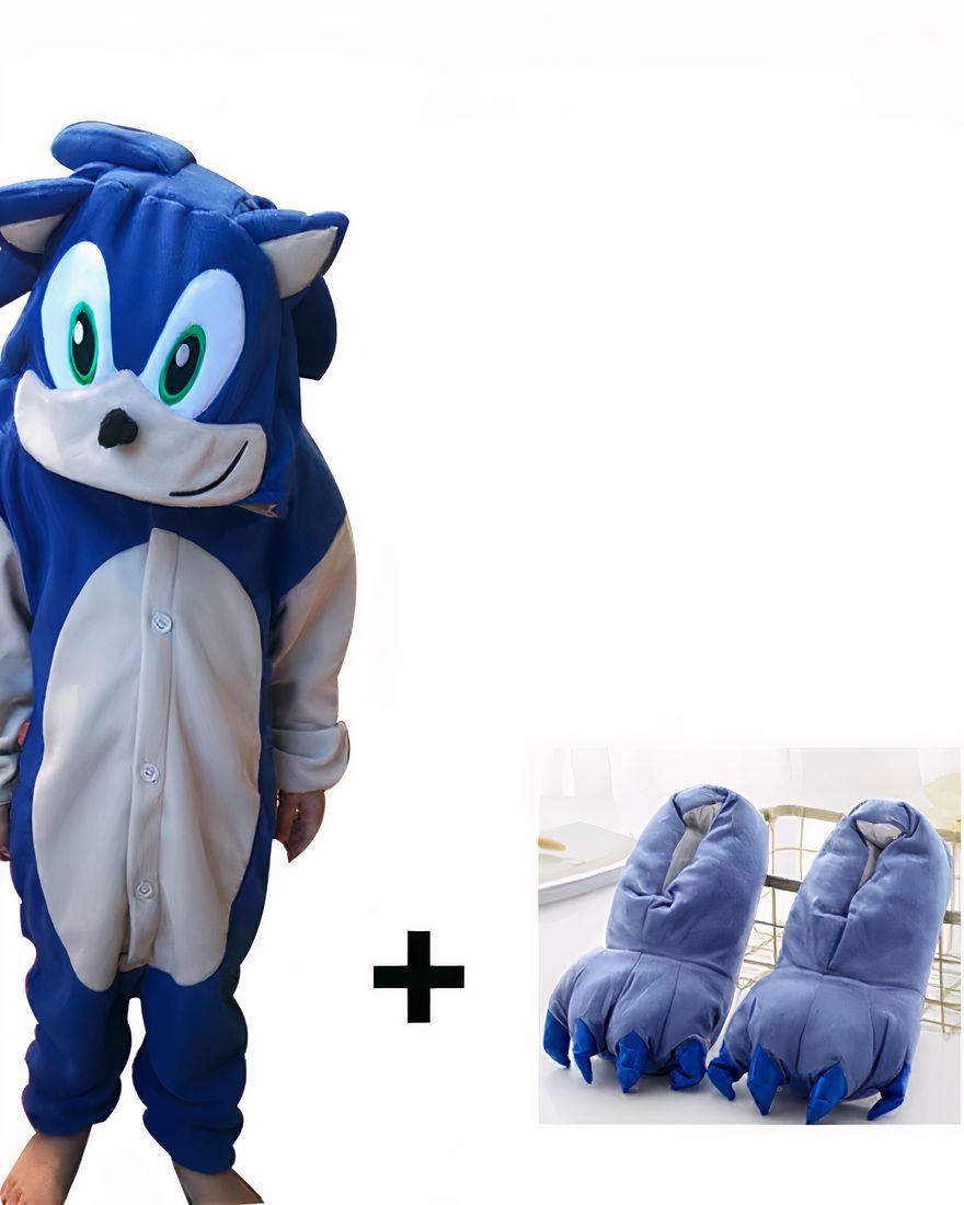 Sonic the Hedgehog blue pajama suit for kids with a complete slipper