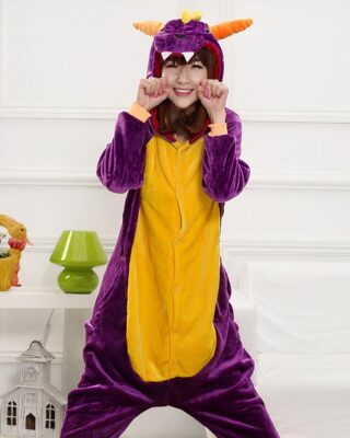 Spyro pajama suit with a woman wearing the pajamas