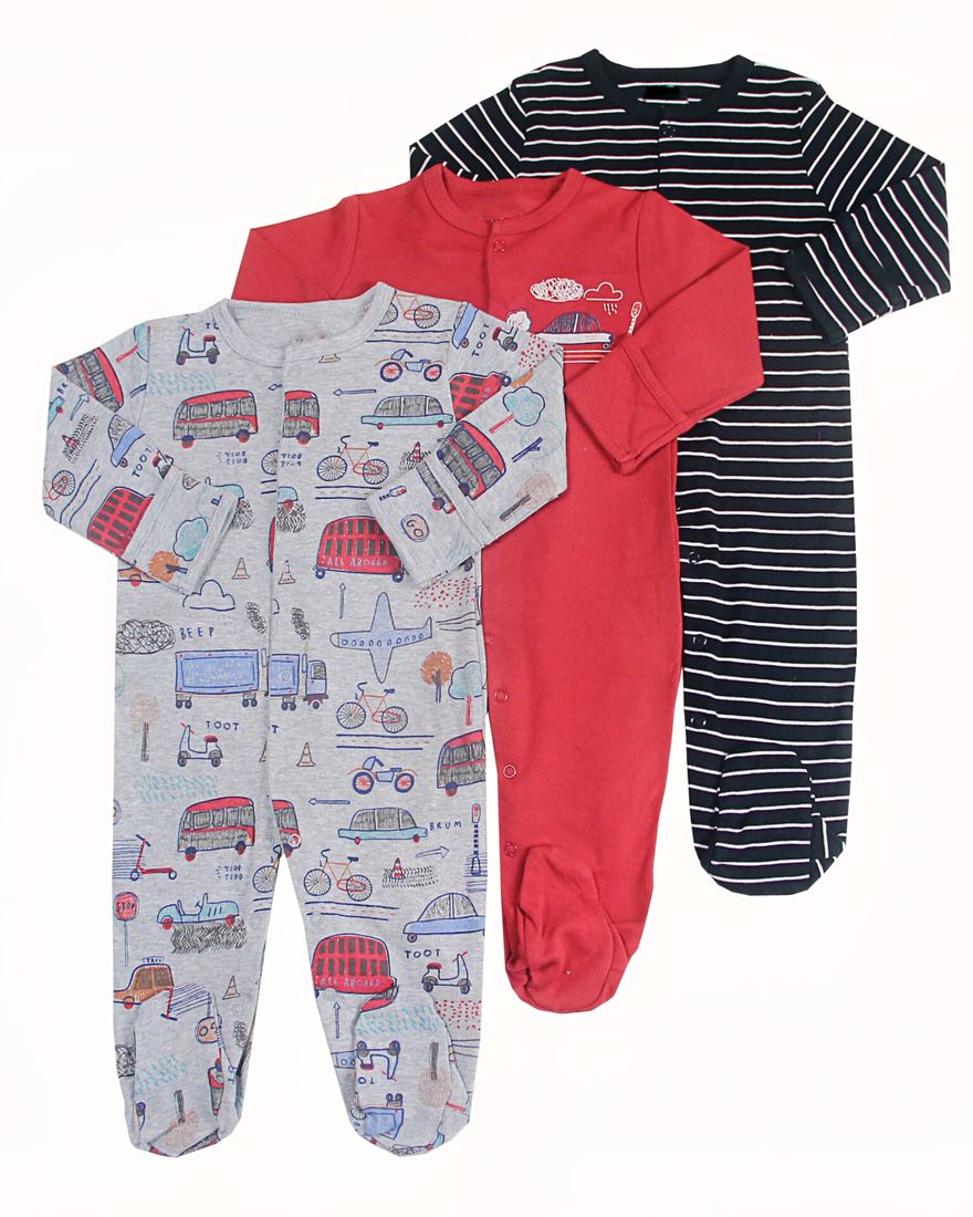 3-piece combination pajamas with vehicle and stripes for baby with a white background