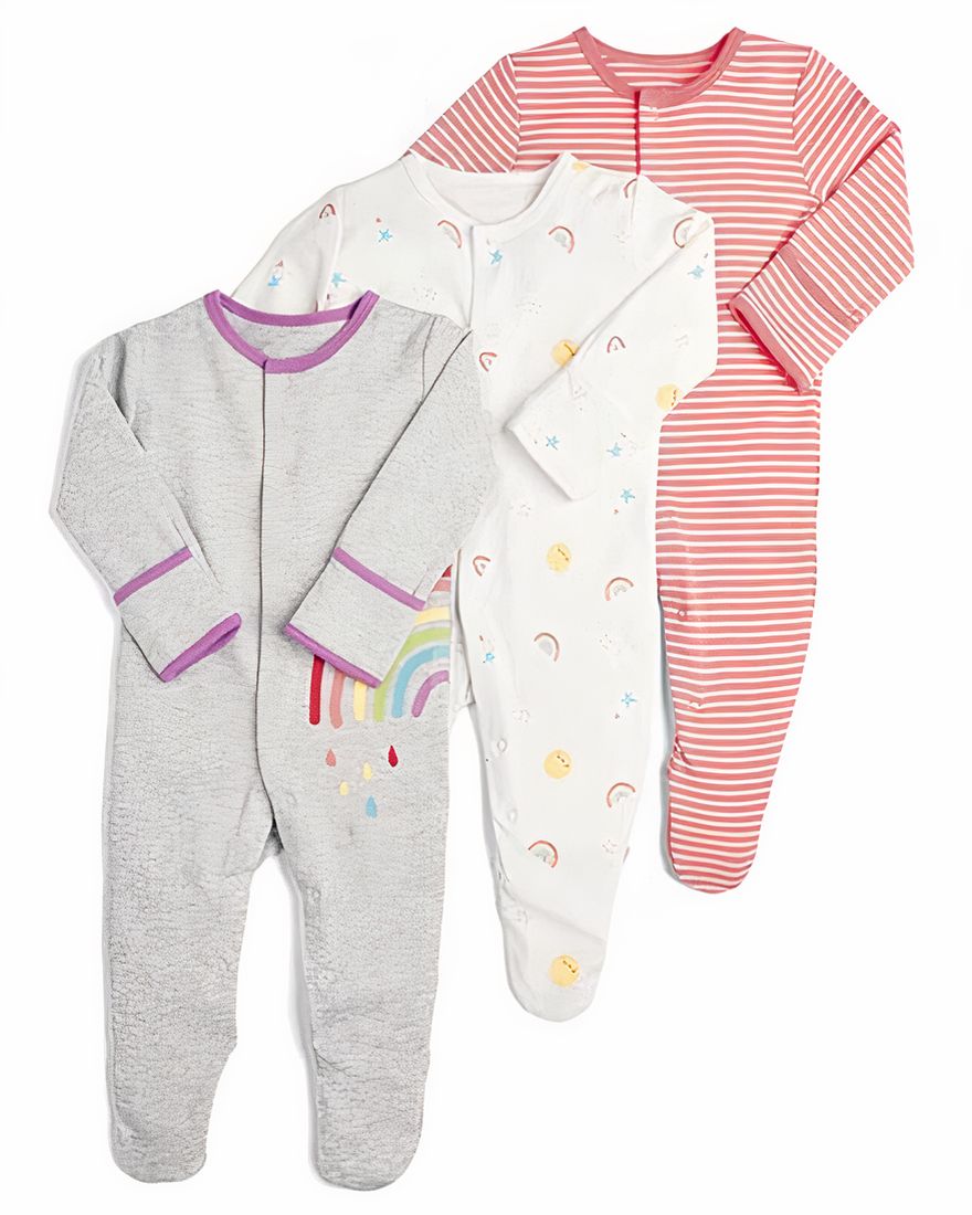 Rainbow and stripes 3-piece baby pajamas with white background