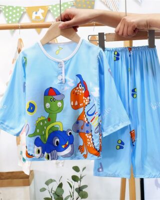 Cotton pajamas with round neck, half-length sleeves, blue for children on a belt