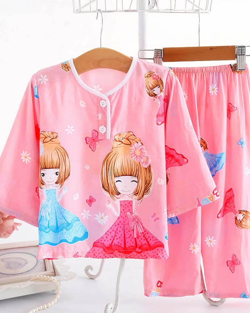 Pink cotton pajamas with princess pattern for girl on a belt