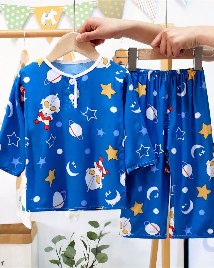 Cotton pajamas with star and superhero pattern for boy blue on a belt