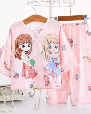 Two-piece pink cotton pajamas with little pink girls pattern on a belt