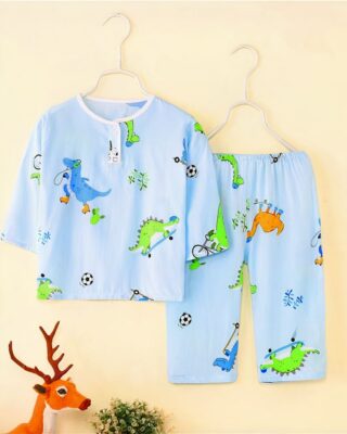 Summer pyjamas in cotton with dinosaur print round neck on a belt with dinosaur decoration