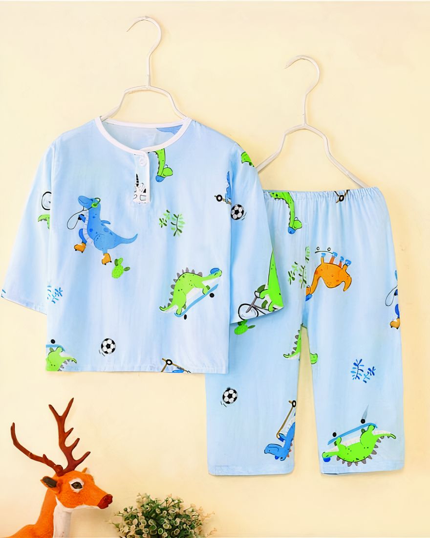 Summer pyjamas in cotton with dinosaur print round neck on a belt with dinosaur decoration