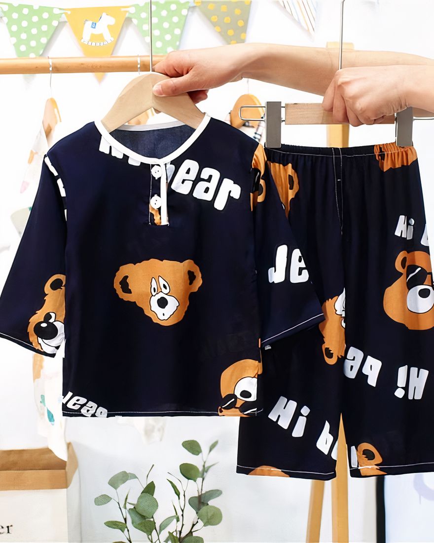 Black cotton summer pajamas with bear print on a belt