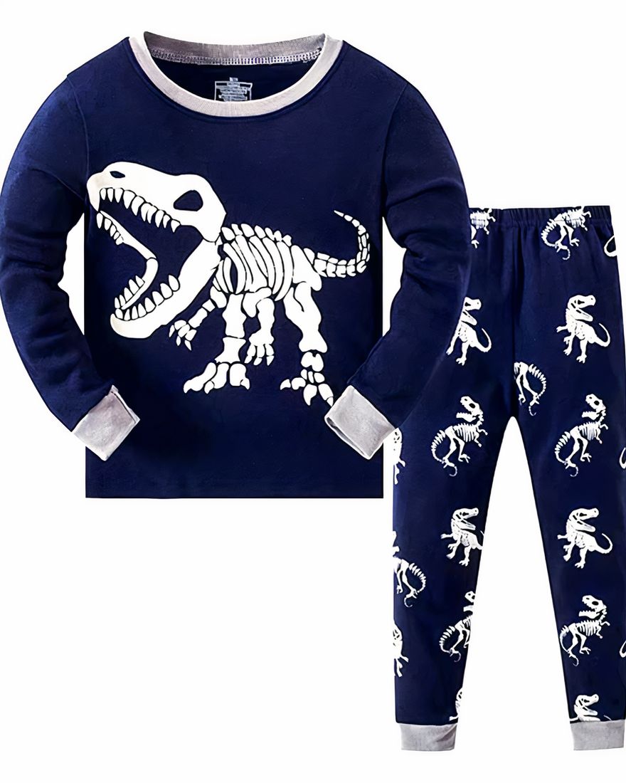Two-piece dinosaur print pajamas for little boy blue and gray with white background