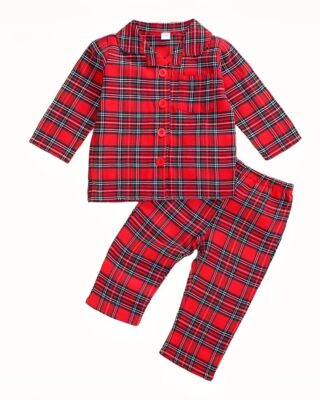 Vintage Christmas pajamas for kids red checkered with white background