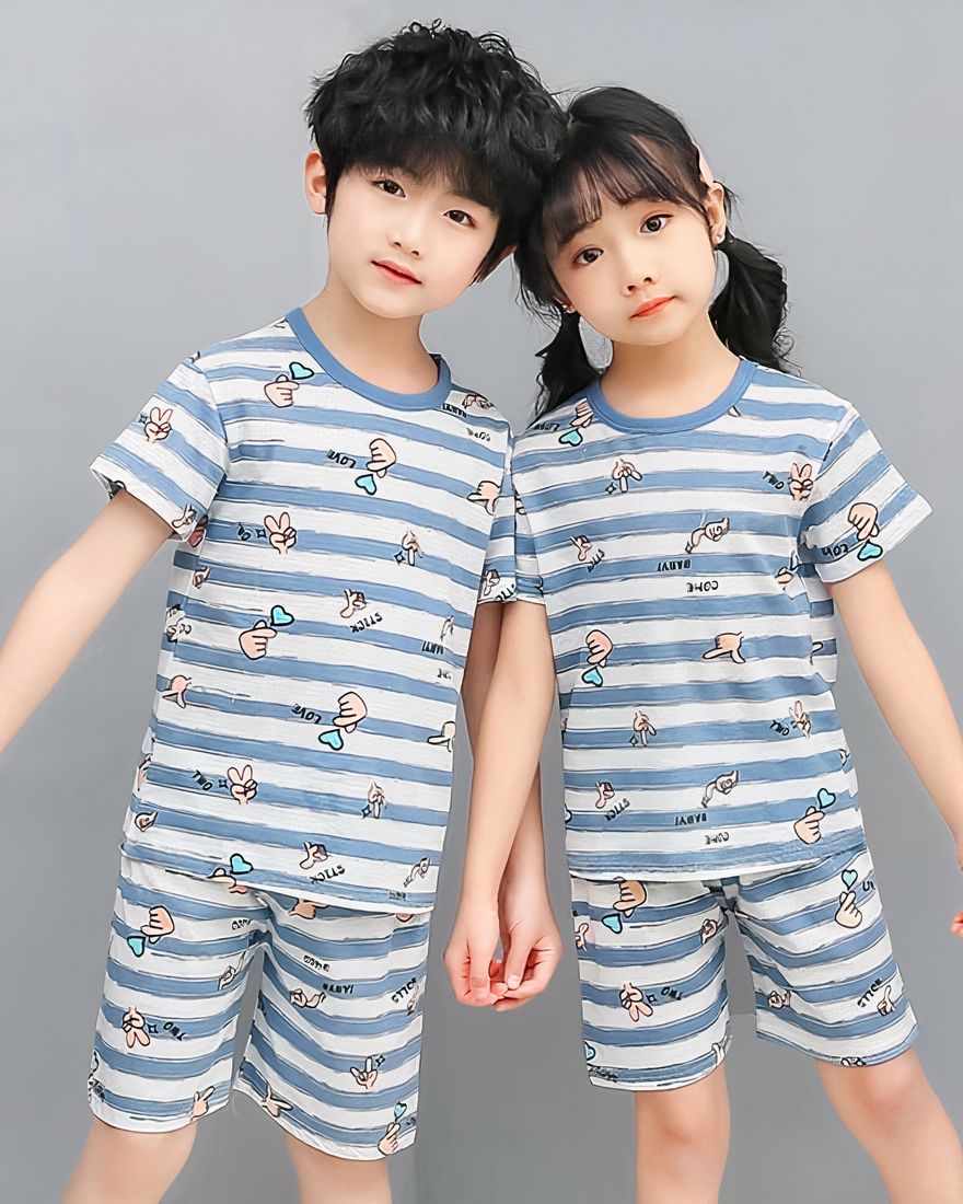 White pajamas with blue stripes for children with two children, a girl and a boy who protect the pajamas