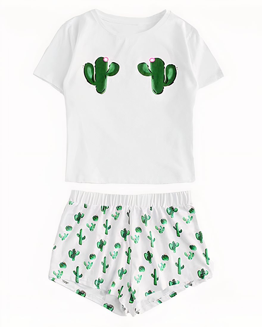 White two-piece pyjamas with cactus pattern for women in fashion