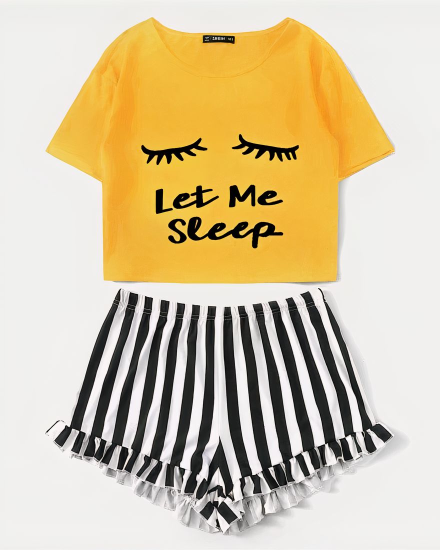 Women's two-piece yellow eyelash and black and white stripe summer pajamas