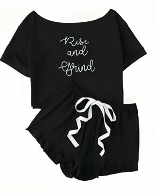 Women's black summer pajamas with rise and grind print in black and white fashion