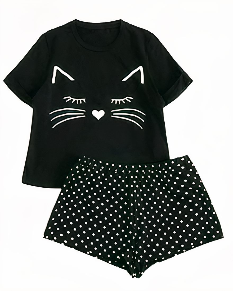 Fashionable black nylon cat print pajama set for women