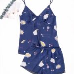 Fashionable women's blue strapless pajama top and silk shorts