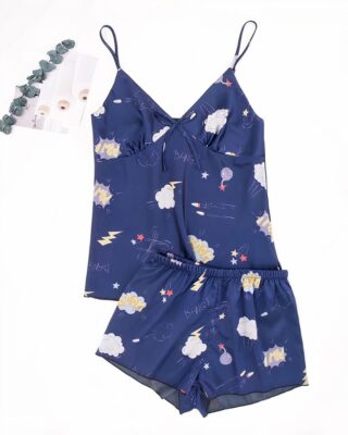 Fashionable women's blue strapless pajama top and silk shorts