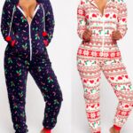 Christmas hooded jumpsuit for women with different colors, one black and one white with a white background