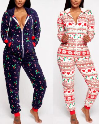 Christmas hooded jumpsuit for women with different colors, one black and one white with a white background