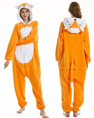 Women's orange fox pajama suit with white background