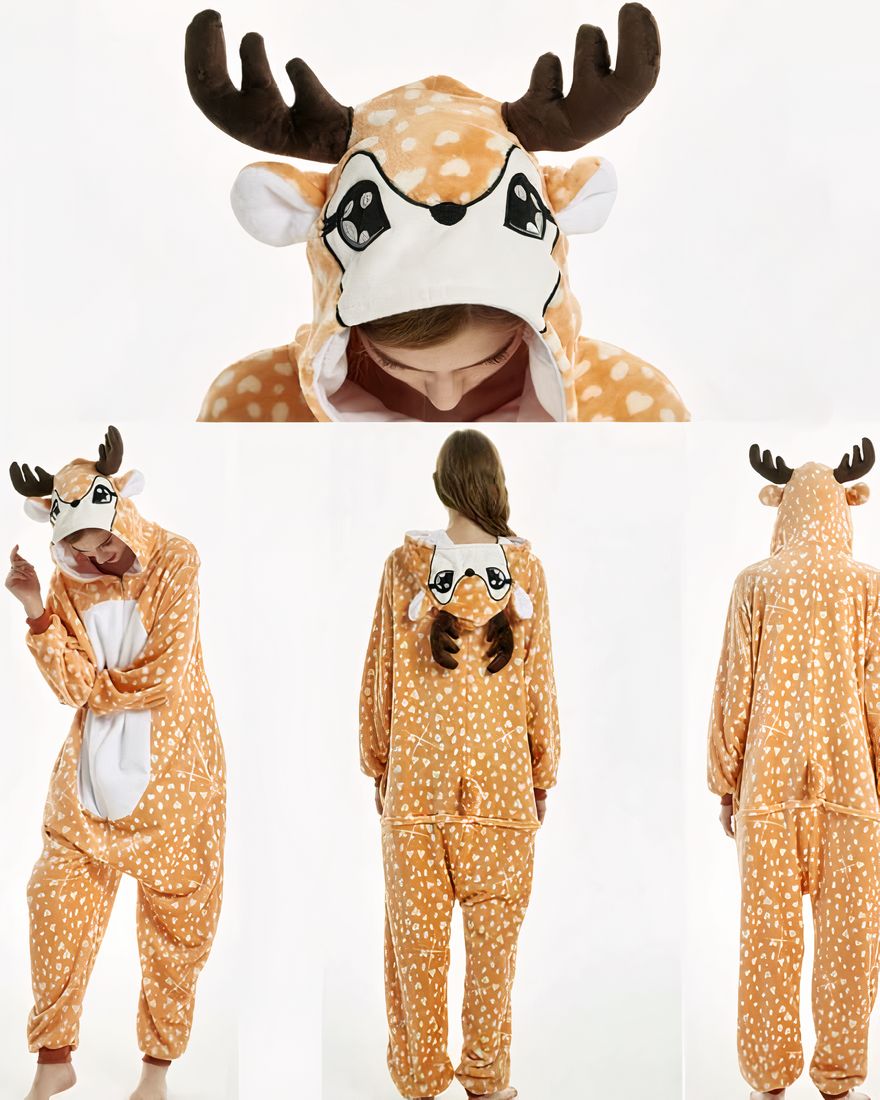 Women's deer pajama suit with a woman wearing the pajamas
