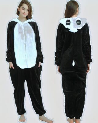 Women's black and white panda pajama suit with white background