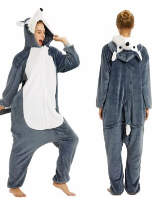 Women's wolf pajama suit gray with white background