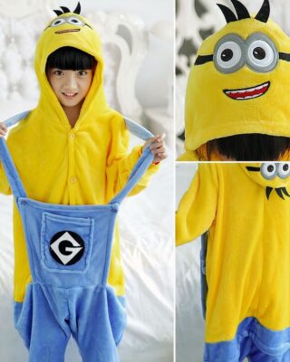 Minions pajama suit for child with a little one wearing the pajamas with a white bed background