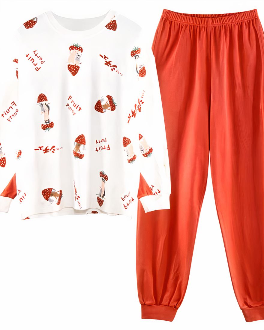 Fall pajamas with white printed sweater and red pants for fashionable women