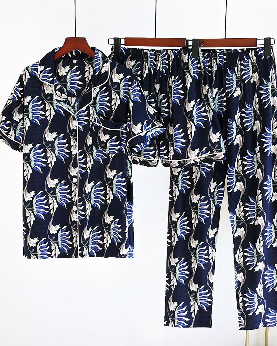 Women's three-piece floral pajamas black hanging with white background