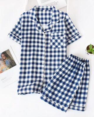 Short sleeve summer pajamas with check print for women with a photo and a small vase with a flower on the side