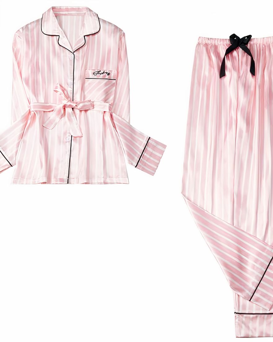 Women's two-piece pyjamas pink and white striped long sleeve very high quality