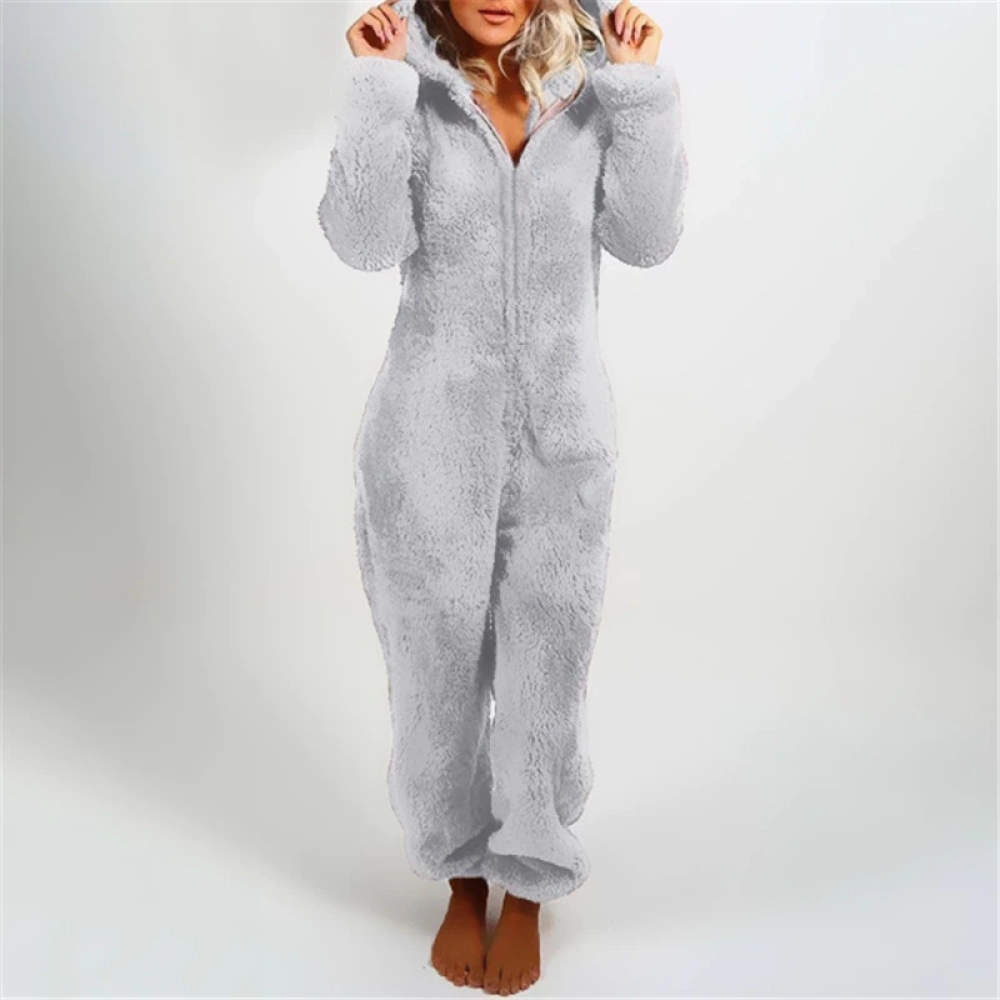 Grey fleece pyjama suit worn by a blonde woman