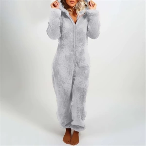 Grey fleece pyjama suit worn by a blonde woman