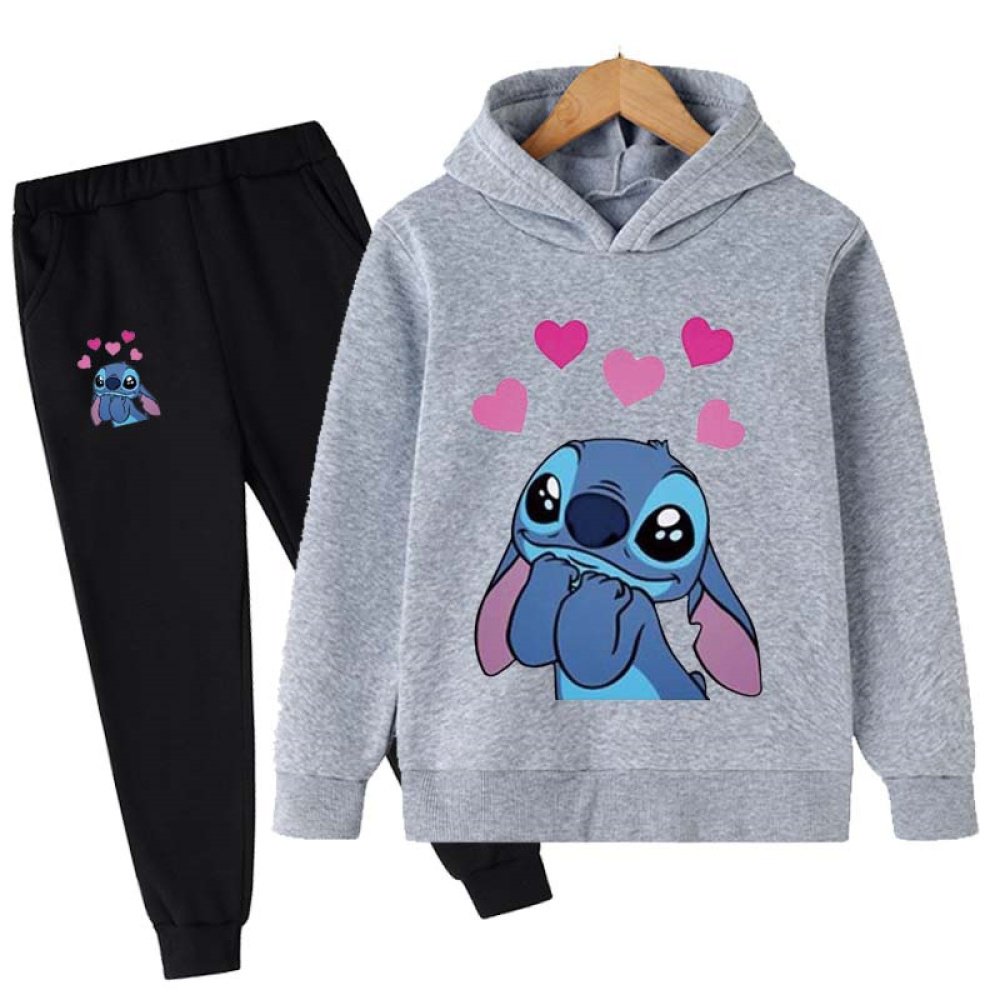 Pyjamas with black bottom and grey top with stitch pattern with pink hearts