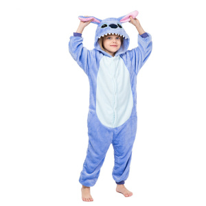 Stitch pajamas worn by a child holding the ears of the hood