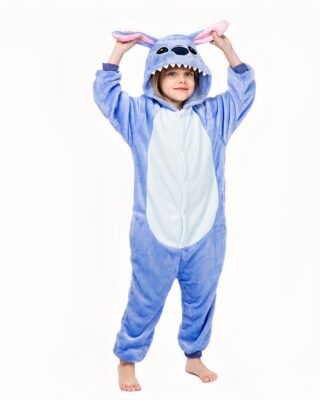 Stitch pajamas worn by a child holding the ears of the hood