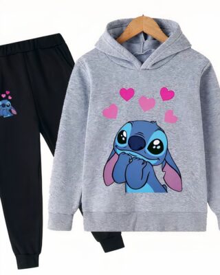 Pyjamas with black bottom and grey top with stitch pattern with pink hearts