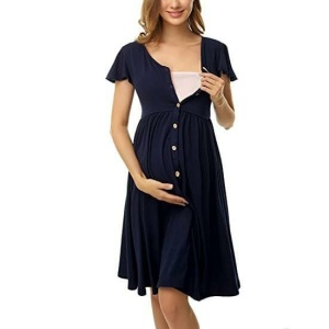 Blue pregnancy pajamas worn by a woman holding her stomach