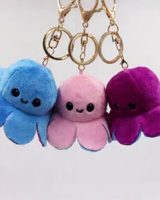 reversible octopus key ring in blue, pink and purple