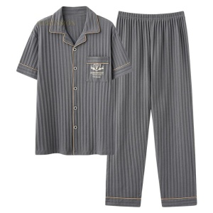 Men's gray cotton pajamas with pants and shirt, presented flat on a white background
