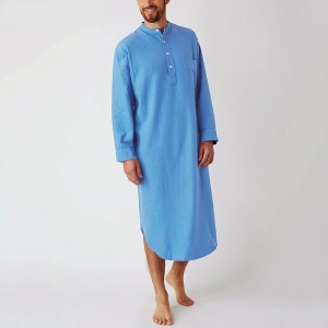 Man wearing summer pajamas a blue nightgown for men, it is presented on a white background