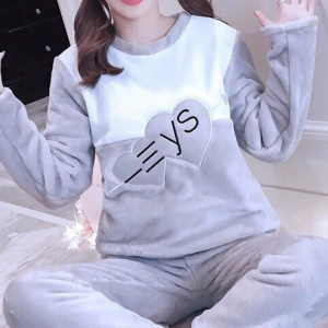 Women's gray and white two-piece fleece pajamas with long sleeves